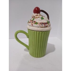 Christmas Cupcake Shape Coffee Mug Cup By Ganz Whipped Cream Holly Lid 2pc 7"